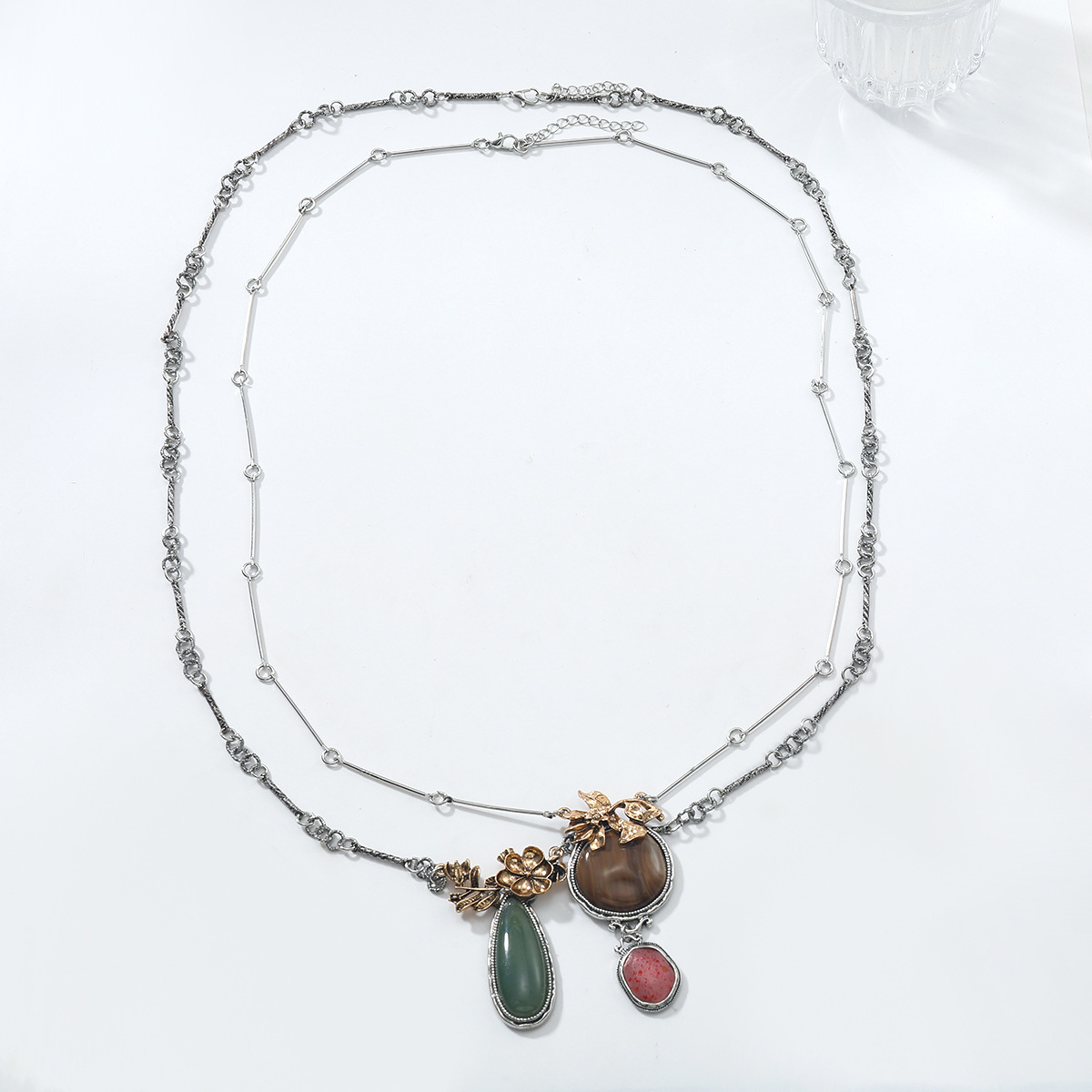 Exquisite Autumn Droplet Shaped Floral Pendant Two Piece Necklace Sweater Chain Bohemian Style Fashionable Necklace