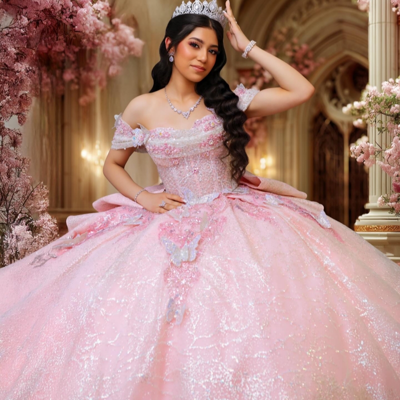 Light Pink Shiny Quinceanera Dresses Ball Gown Off The Shoulder Applique Lace Beading Crystal Bow Tull Corset Tull Party Birthday Sweet 16 Dress Vesti