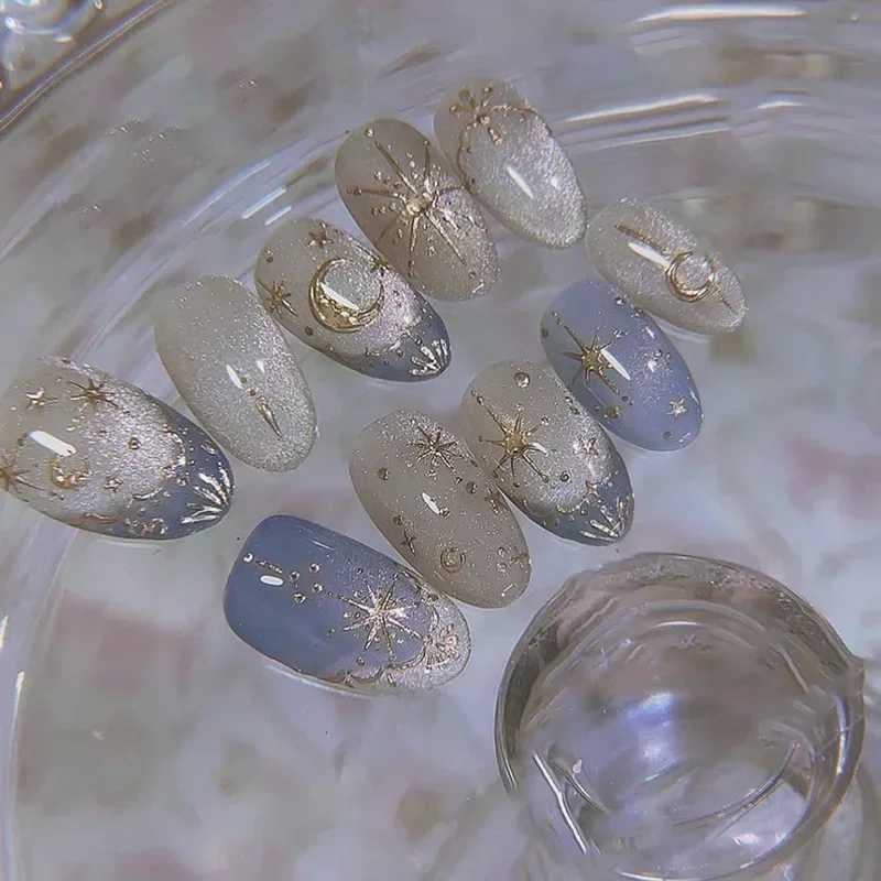 24Pc green cat eye French fake nail with 3D metal wire sun pressed on wearable short almond artificial nail W250410