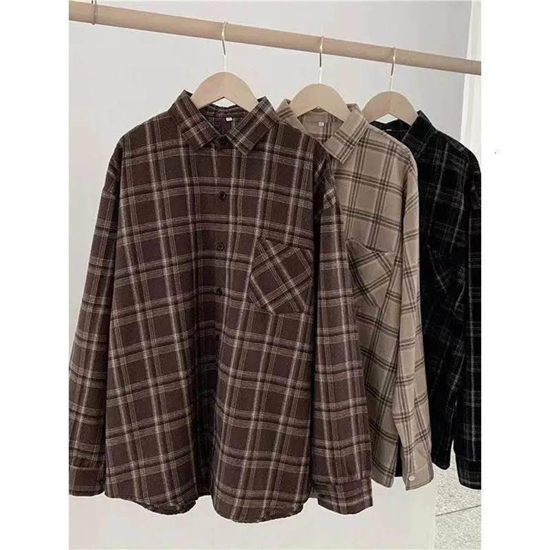 MEXZT retro oversized plain weave shirt womens street clothing long sleeved shirt Harajuku Korean style loose pocket casual full matching top 250409