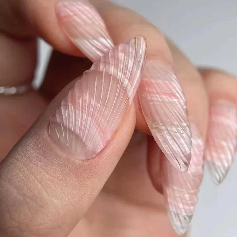 24pcs Simple Lightweight Orange Acrylic Nail Pearl Almond Fake Nail Press on Phnom Penh Glue to Nail with Design Nail Art W250410