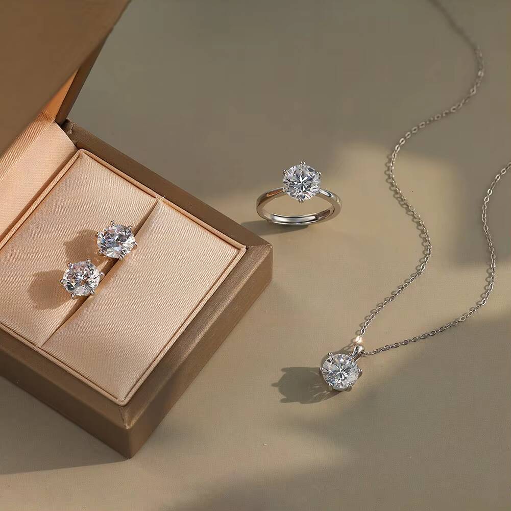 RINNTIN SMO3 Moissanite Wedding Set 925 Sterling Silver Round Shape D Color VVS Moissanite Diamond Ring Necklace Jewelry Sets