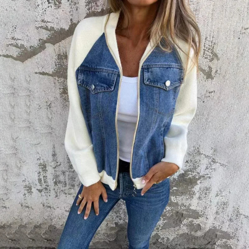 Autumn and winter denim patch work jacket for womens casual fashion shoulder friction long sleeved V-neck denim jacket for women 250409