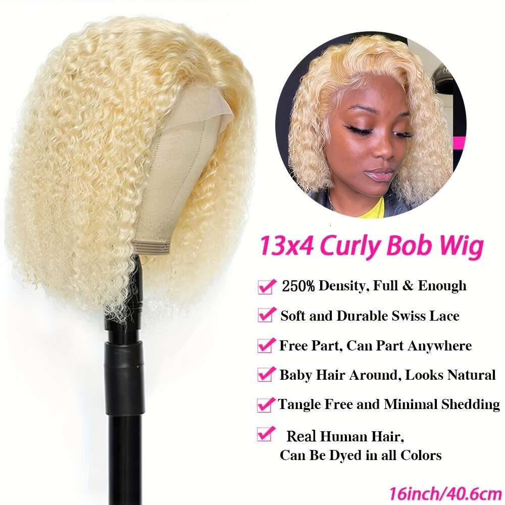 613 Blonde Kinky Bob Human Hair 13X4 Lace Front - Glueless Hairline With Baby Hair, 250% Density Short Jerry Curly Wigs For, Pre-Plucked Frontal Wig F