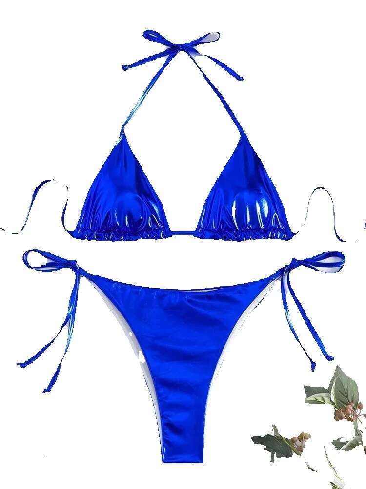 Sexy metal camisole lace up set triangle tie side bikini 2025 Brazilian women's swimsuit