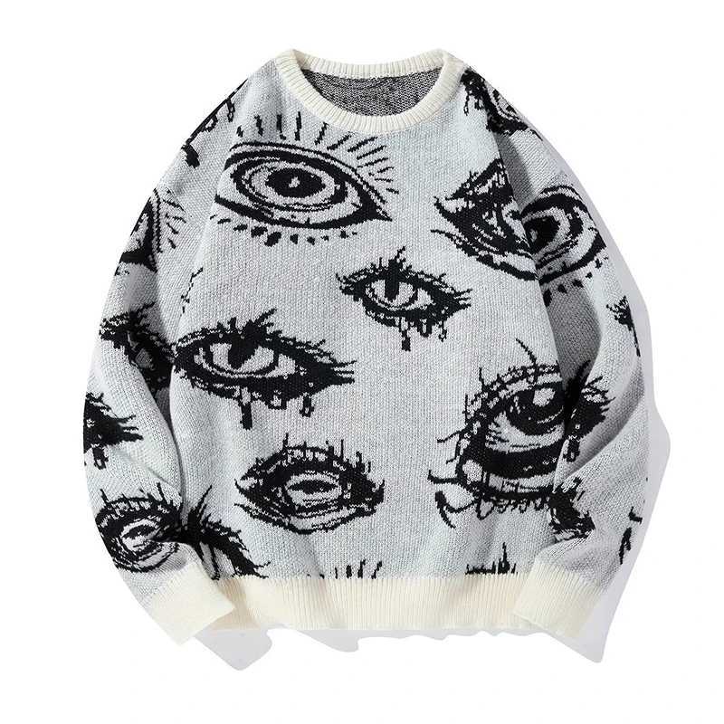 Fashion New American Trendy Men Sweater High Street Dark Eyes Printed Knit O Neck Long Sleeve Pullover Casual Loose High Street Knitwear Y251110