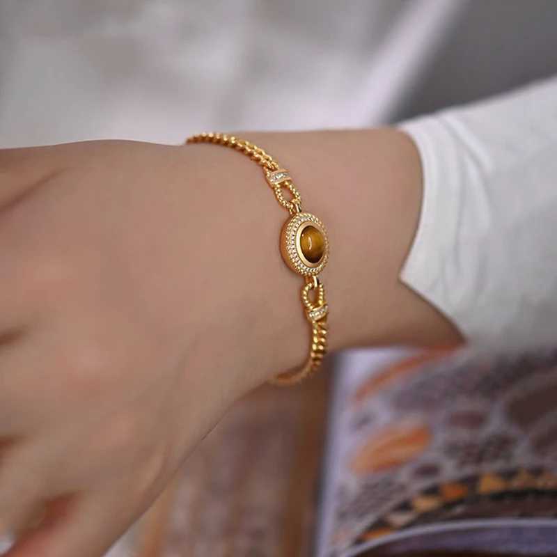 French Palace Style Tiger Eye Stone Bracelet Premium Luxury 18k Gold Plated Cuban Chain Women Zircon Bracelet Party Jewelry GiftT251110