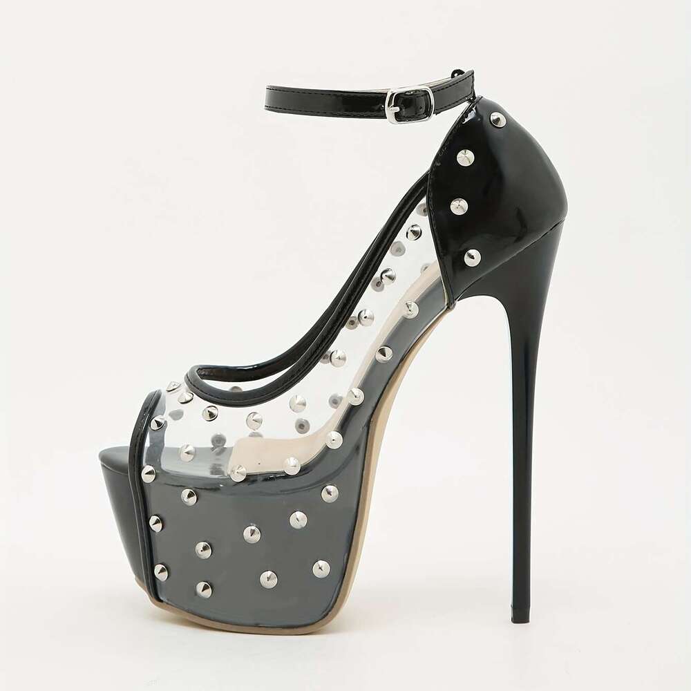 Women's Rivet Decor Platform Summer Peep Toe Ankle Buckle Strap Stiletto High Heel Transparent Shoes, Sexy Party Shoes