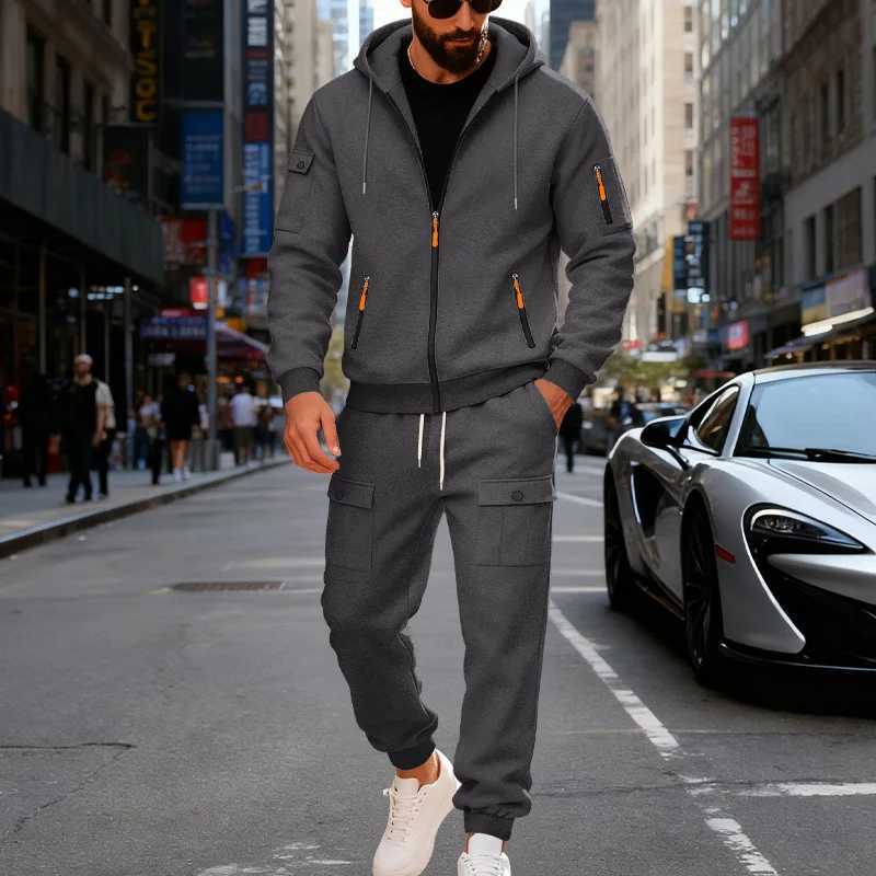 Autumn and winter mens velvet loose casual tooling outdoor sports fashion hooded sweater set W251110