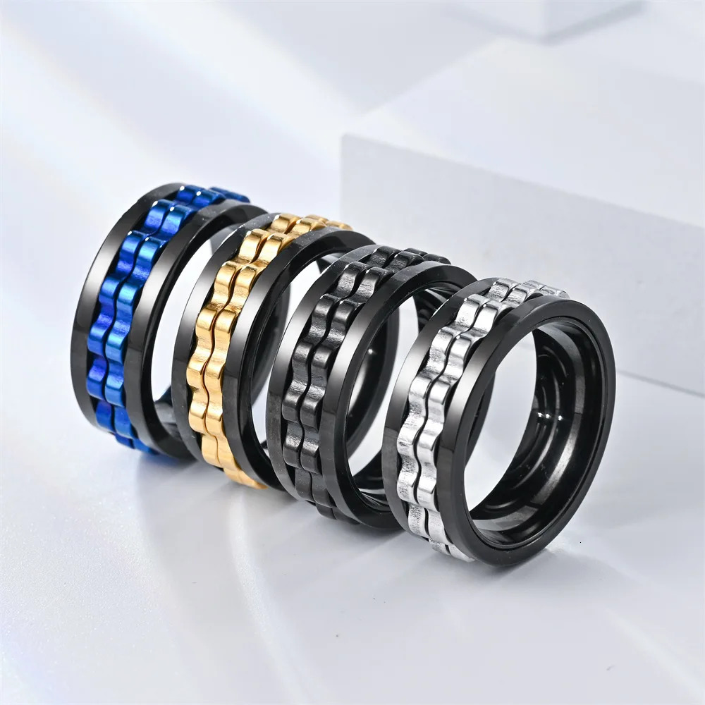 Punk Stainless Steel Gear Rotating Ring Anti Stress Man Anxiety Relief Control Joint Ring Fidget Spinner Anillo Antiestres 251110