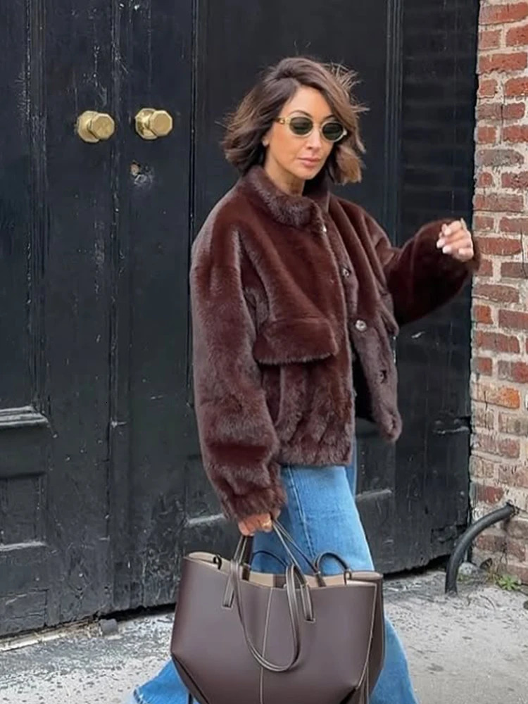 Solid Women Chic Faux Fur Short Jacket Casual Single Breasted Stand Collar Loose Warm Jackets Lady Winter Daily High Street Coat 251110