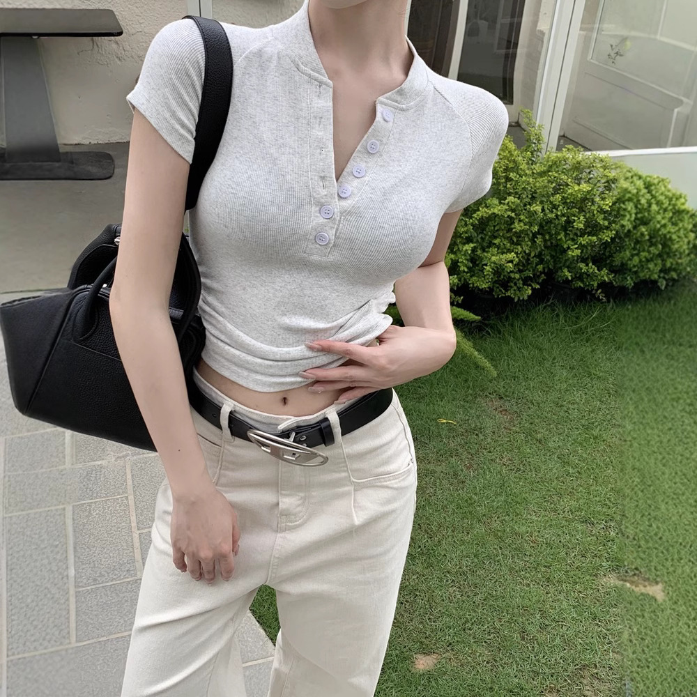 2025S Designer Women S T Shirt Summer New American Button Half Open Collar Sleeved T Shirt For Women Slim Fit Folded Short Bottom Shirt Trendy