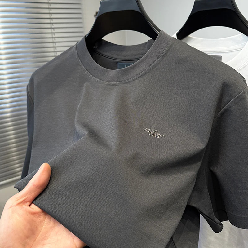 summer mens T-shirt trend letter embossed silk cotton short sleeve comfort elastic quick drying round neck T-shirt 250410