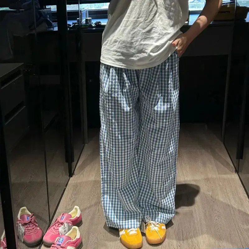 Deeptown Vintage Y2k Plaid Womens Casual Pants Harajuku Oversized Korean Fashion Trousers Baggy Summer Wide Leg Slacks Thin 250409
