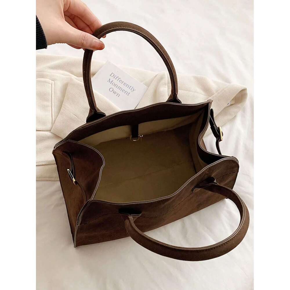 Retro Suede Large Capacity Casual Shoulder Bag, Plain Color Matte Handbag For Women Daily Use, Elegant Commuter Tote Bag