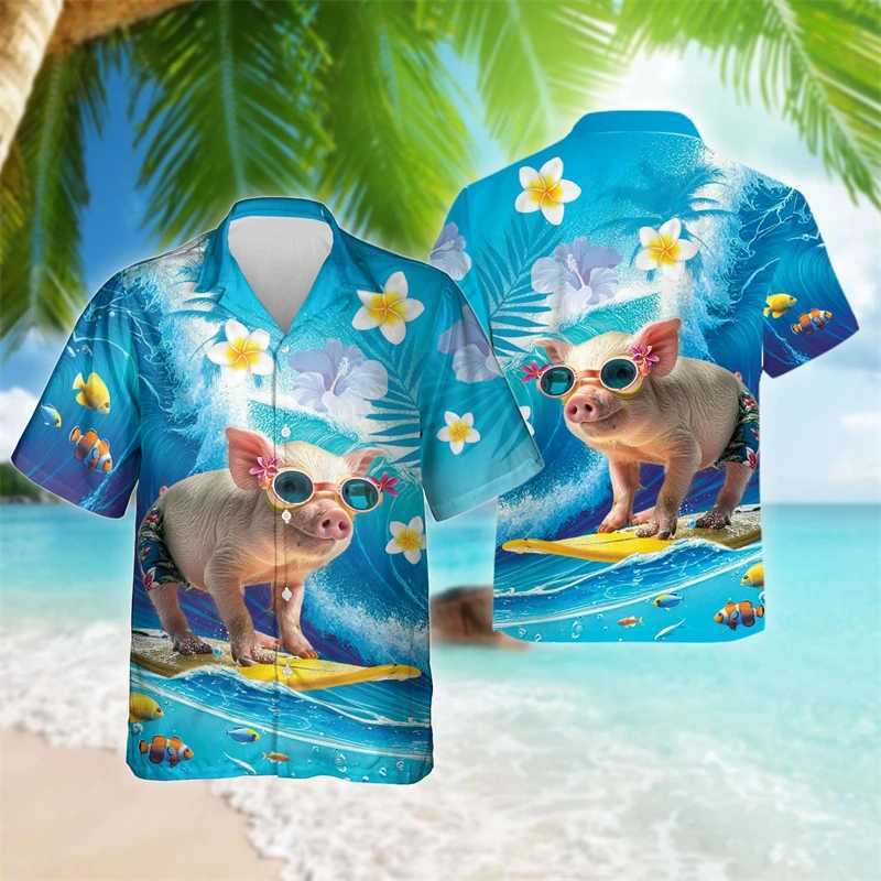 Interesting animal pig 3D printed beach shirt cute pet graphic shirt mens casual Hawaiian surfing short sleeved boy shirt X250410