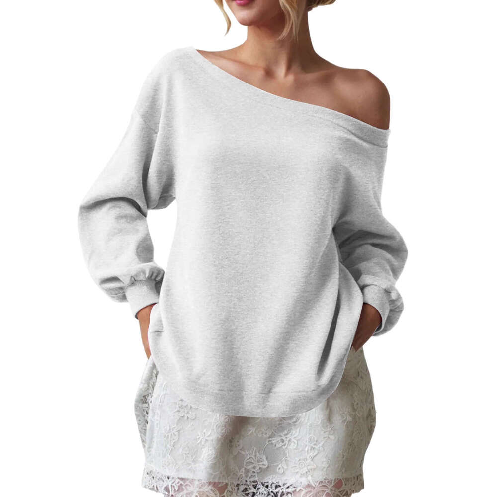 2025 Japan Sweatshirt Amazon Casual Fashion Autumn New European and American Cross-Border Foreign Trade Women's Solid Color Asymmetrical Collar