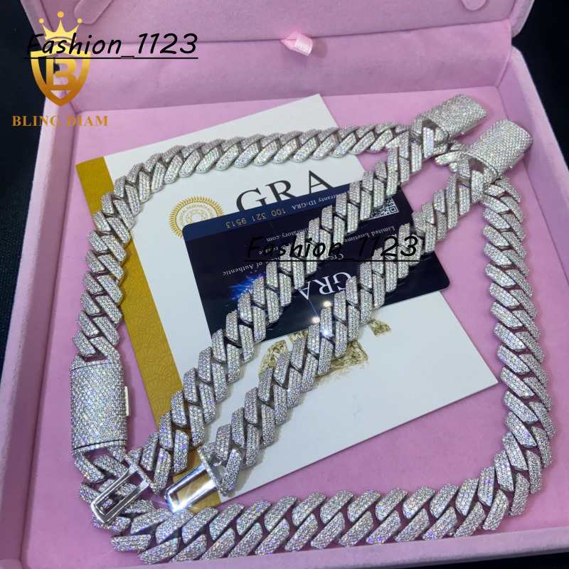 In Stock HipHop Style S925 Moissanite 15mm Cuban Chain Pass Diamond Tester Iced Out Moissanite Necklace Chain Silver with GRA