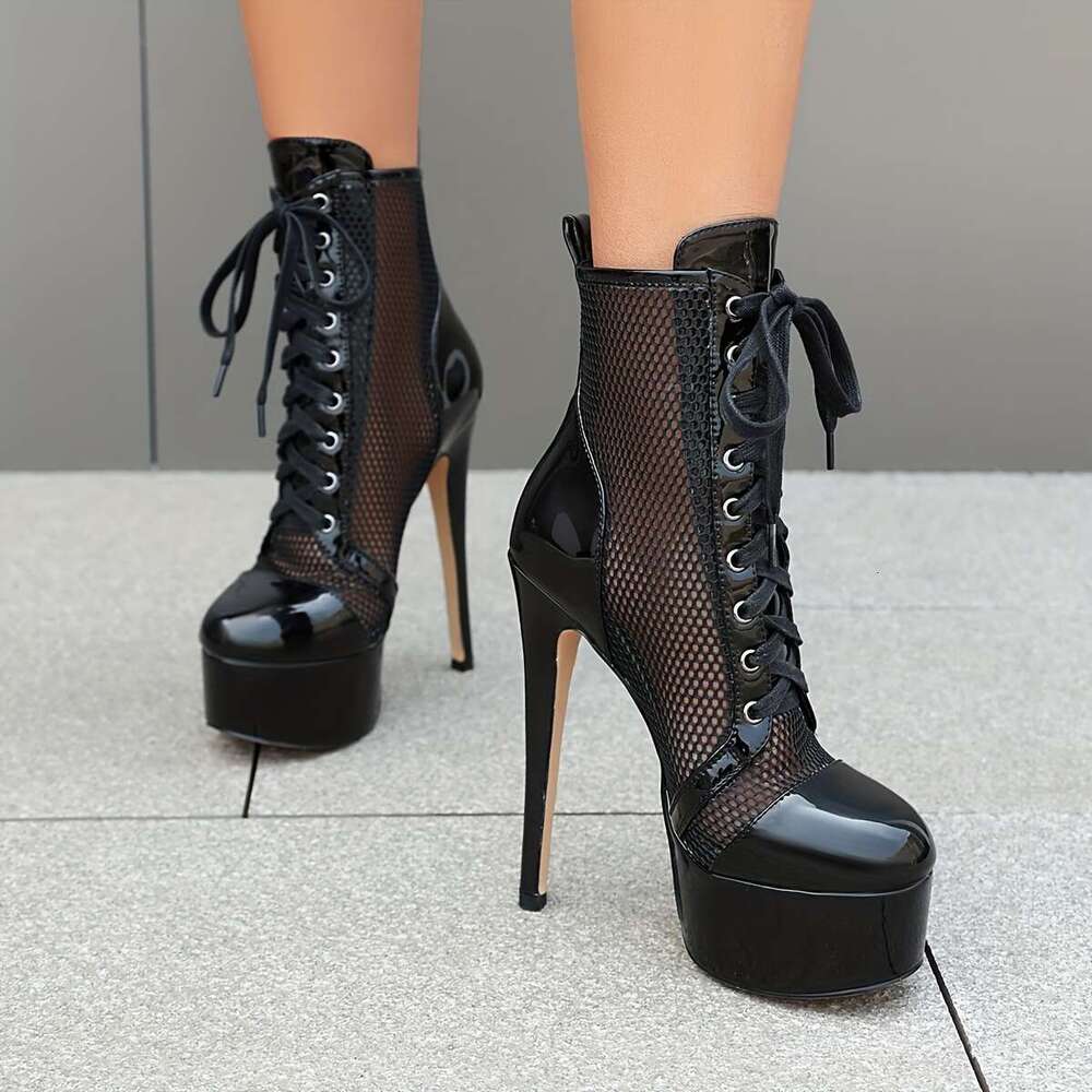 Women's Ultra High Heel Slim Booties, Lace-Up Platform Mesh Ankle Boots, High-Top Breathable Footwear