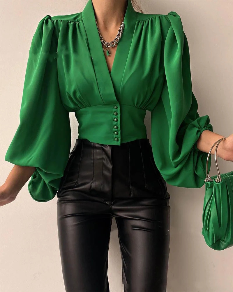 Spring Satin Womens Shirt Red Long Lantern Sleeve Button V-neck Elegant Womens Shirt Spring Fashion Retro Womens Top 250409