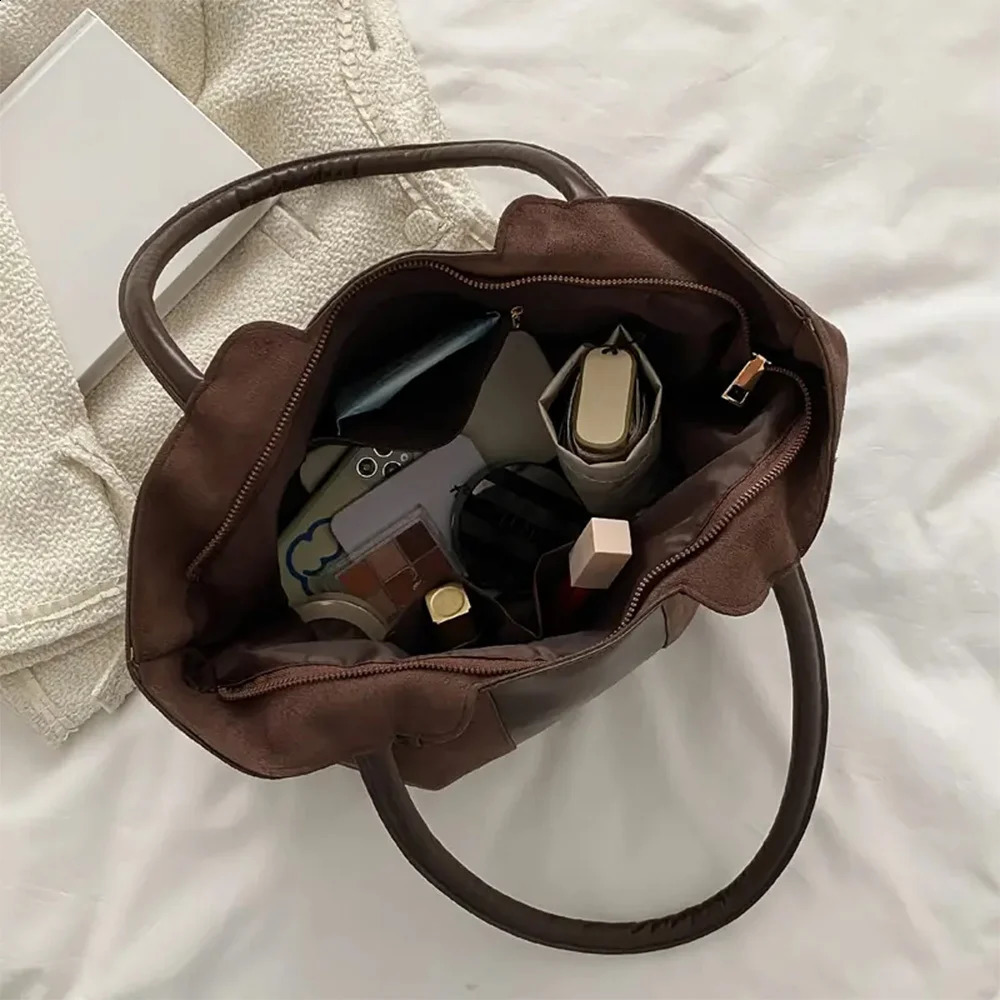 Suede Surface Handbag For Womens Korean Fashion Leisure Commuting Handbag Vintage Color Collision Splicing Tote Bag 251106