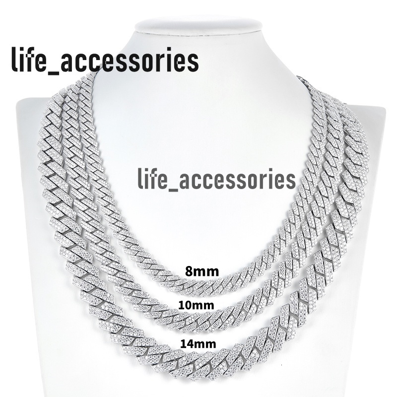 White Gold 8-12mm 2 Rows Vvs Moissanite Diamonds Pass Tester Sterling Silver Miami Cuban Chain Moissanite