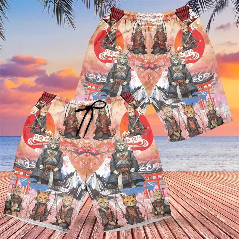 Fashionable Japanese samurai graphic beach shorts mens trend summer street 3D printed shorts cool oversized childrens swimming trunk X250410