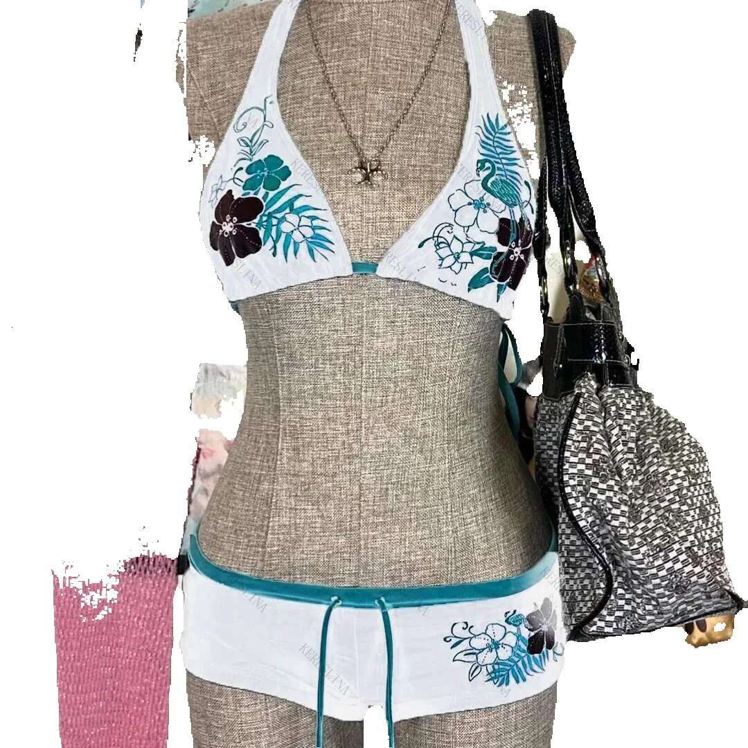 Retro printed women's swimsuit, 2-piece set, bikini, sexy, suspender straps, fashionable, beachwear, commercial street, 2000
