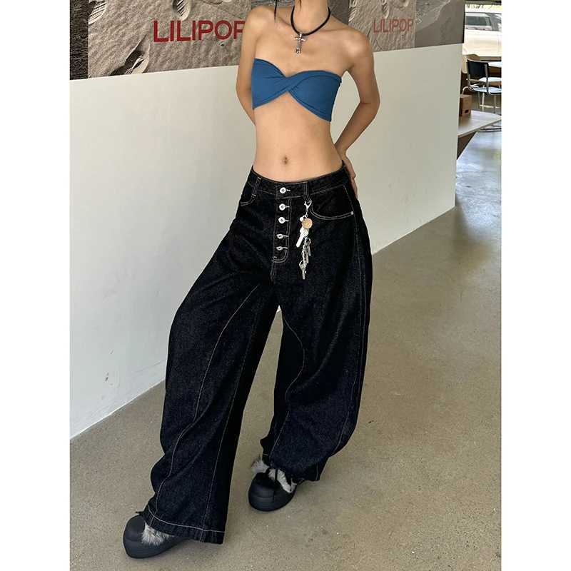 Women Vintage Y2K 2000s High Waist Jeans Korean Oversize Fashion Loose Simple Casual Black Wide Leg Pants Lady Streetwears C251110