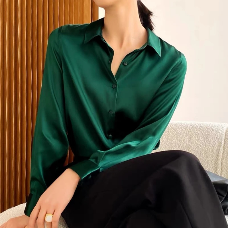 Spring and autumn elastic satin womens shirt long sleeved lapel Korean casual loose office womens shirt 250409