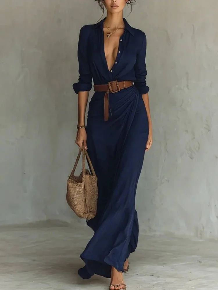 Elegant Shirt Maxi Dress with Belt Women Autumn Turn Down Collar Buttons Long Sleeve Robe Streetwear Office Ladies Dresses Black 251110
