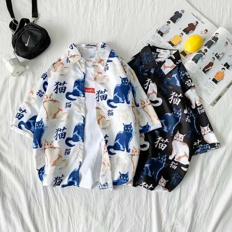 2020 Fashion Mens Short sleeved Hawaiian Shirt Quick Dry Plus Asian Size M-3XL Summer Casual Cute Mens Beach Cat Shirt X250410