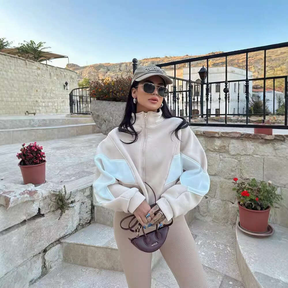Fall/Winter 2024 European and American Women's Loose Casual Versatile Top Long Sleeve Color blocked Stand up Collar Coat for Women