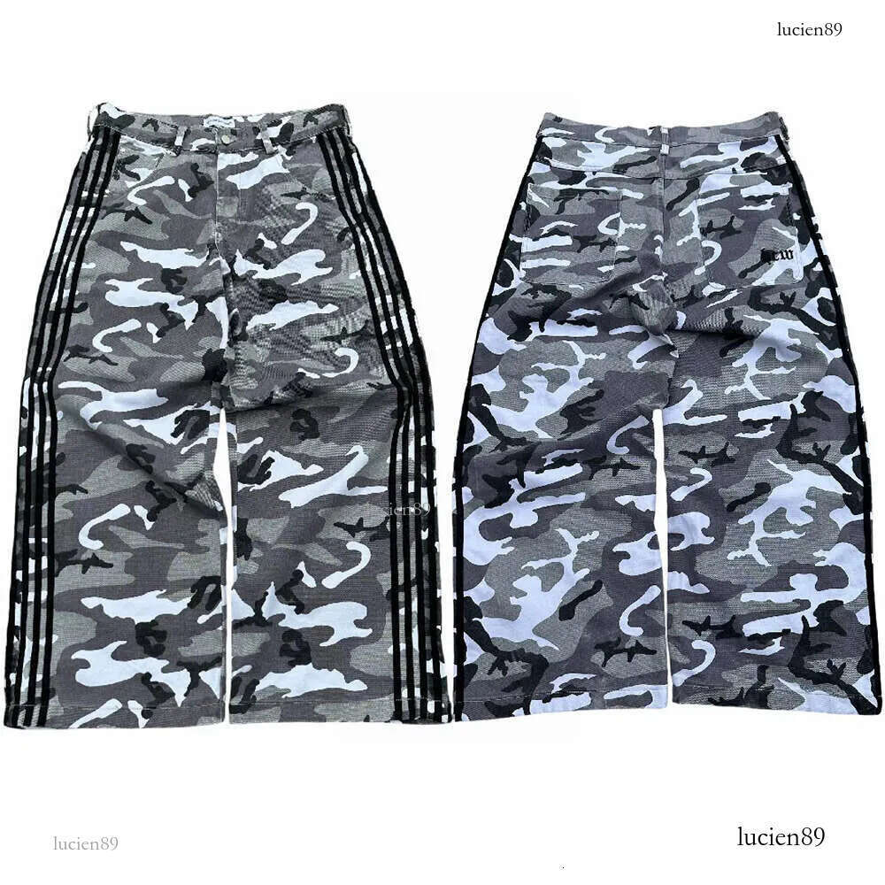 HCW Y2k Clothes Men Women Hip Hop Retro Tactical Camo Stripe Embroidered Baggy Jeans Low Rise Wide Leg Trouser