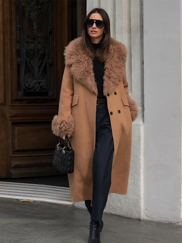 Fashion Fur Collar Woolen Overcoat Women Long Sleeve Double-breasted Lace Up Pocket Coat 2025 Autumn Winter Lady Street Outwear 251105