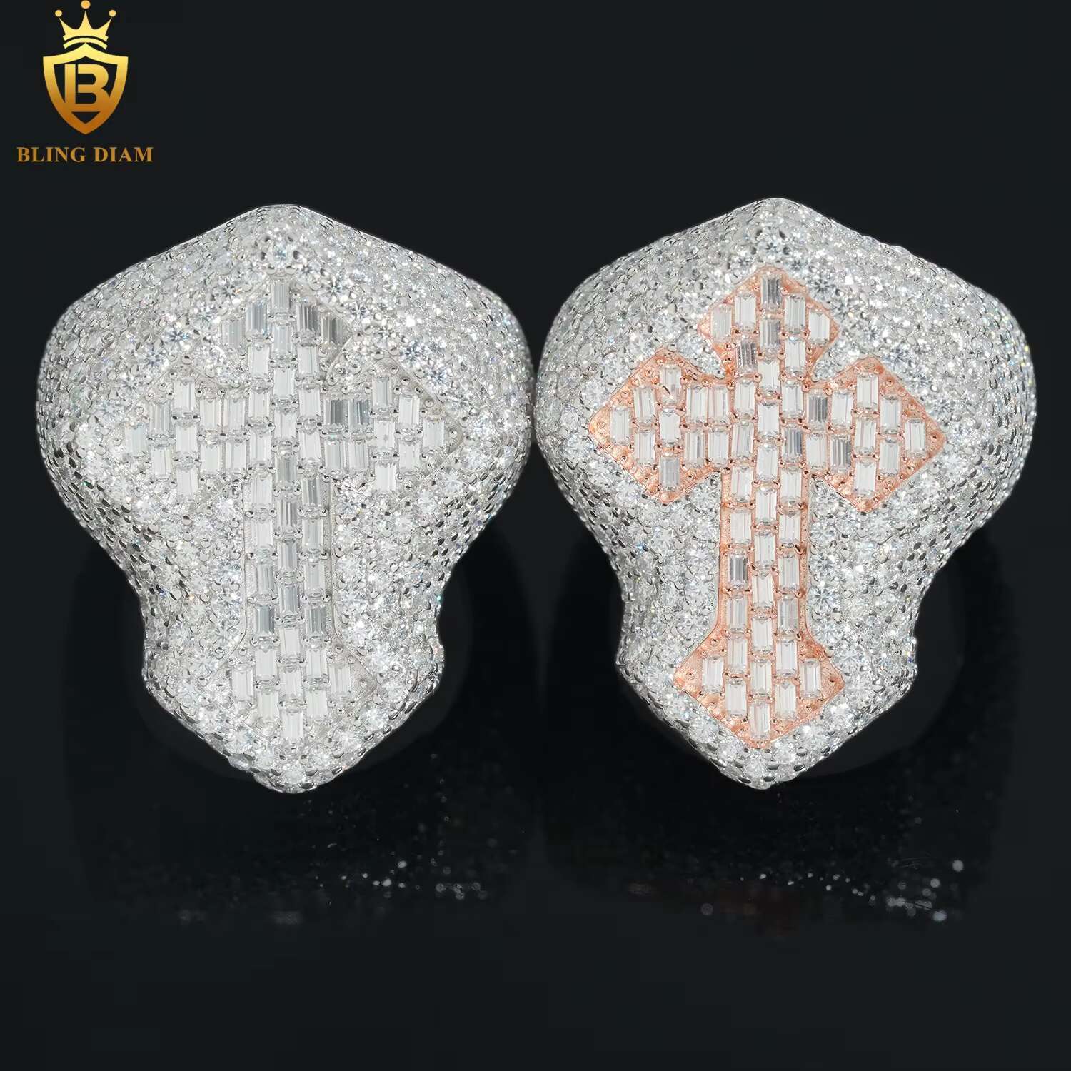 Hip Hop Jewelry 925 Sterling Silver Rose Gold Men Cross Ring Vvs Moissanite Iced Out Gra Certificate Pass Diamond Tester