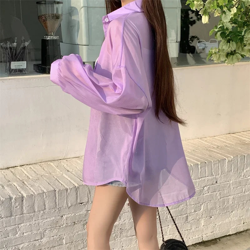 Satin effect womens shirt lightweight semi transparent buttons lapel long sleeves casual chic top for teenagers and girls 250409