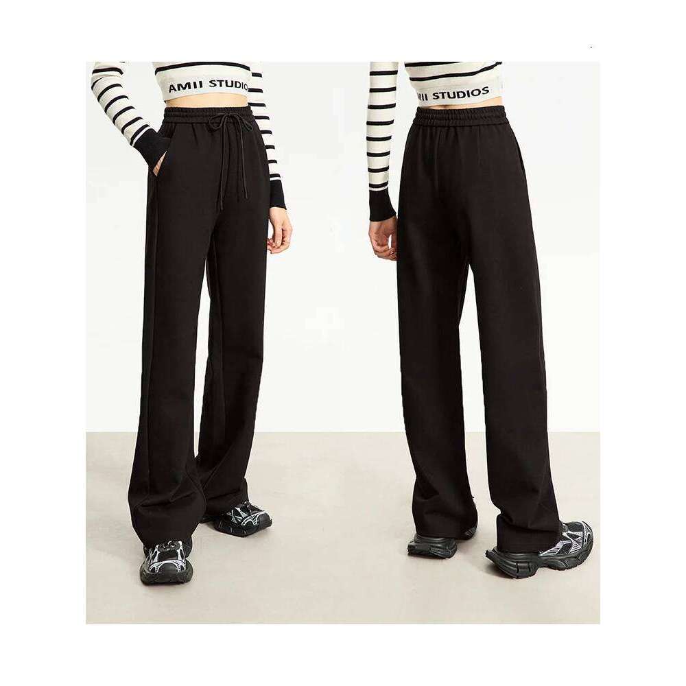 AMII Minimalism Casual Pants For Women 2025 Autumn Wide Leg New Loose Vertical Elastic Waist Drawstring Sporty Trousers 12343338