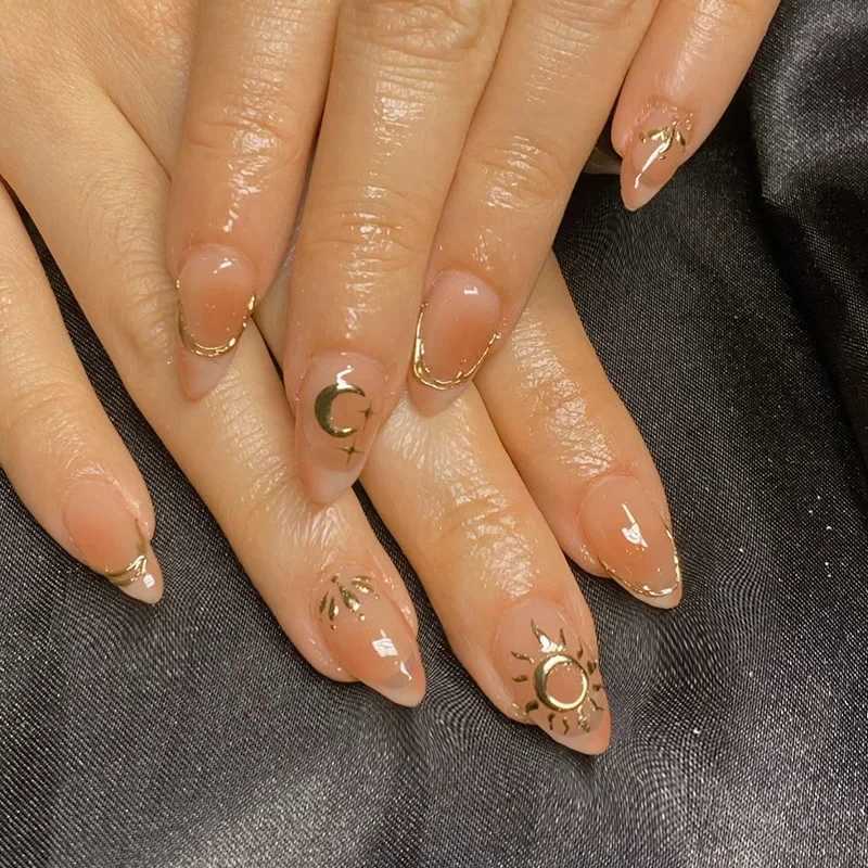 24Pc green cat eye French fake nail with 3D metal wire sun pressed on wearable short almond artificial nail W250410