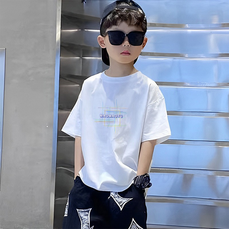 GS- Ddmyshoesvip Boys Short Sleeved Wear New Item Fashionable Handsome Cotton Children S Summer White Trendy T Shirt For Middle Aged And Large Childre
