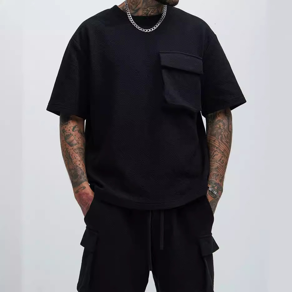 2025 new mens patch pocket wrinkled fabric round neck casual loose 5-point sleeve top