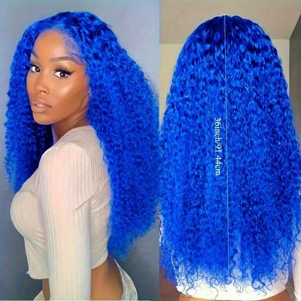 Women's Brazilian Remy Human - Kinky Blue Lace Front 13X4 HD Transparent Lace, Pre-Plucked Glueless Wig With Baby Hair Bleached Knots 180% Densit