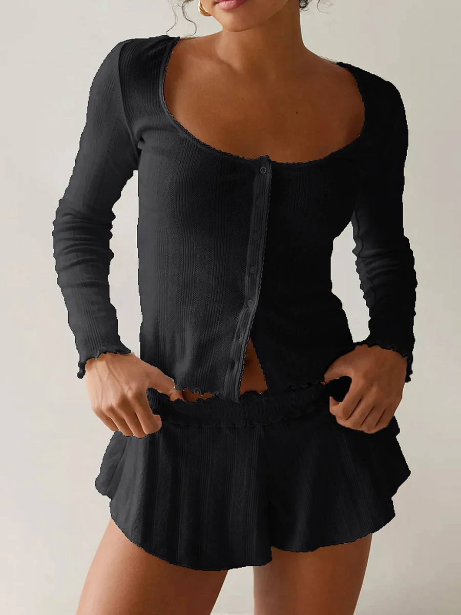 Cute Fairy Pajama Set Long Sleeve Button Top Ruffle Shorts 2-piece Lounge Set Y2k Pajama Womens Short Skirt 250409