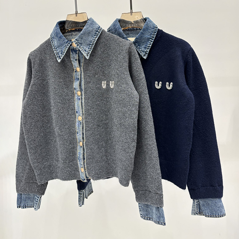 Preppy Style Denim Patchwork Cardigan Women Letter Embroidered Lapel Sweater Coat Street Style Knitted Outerwear