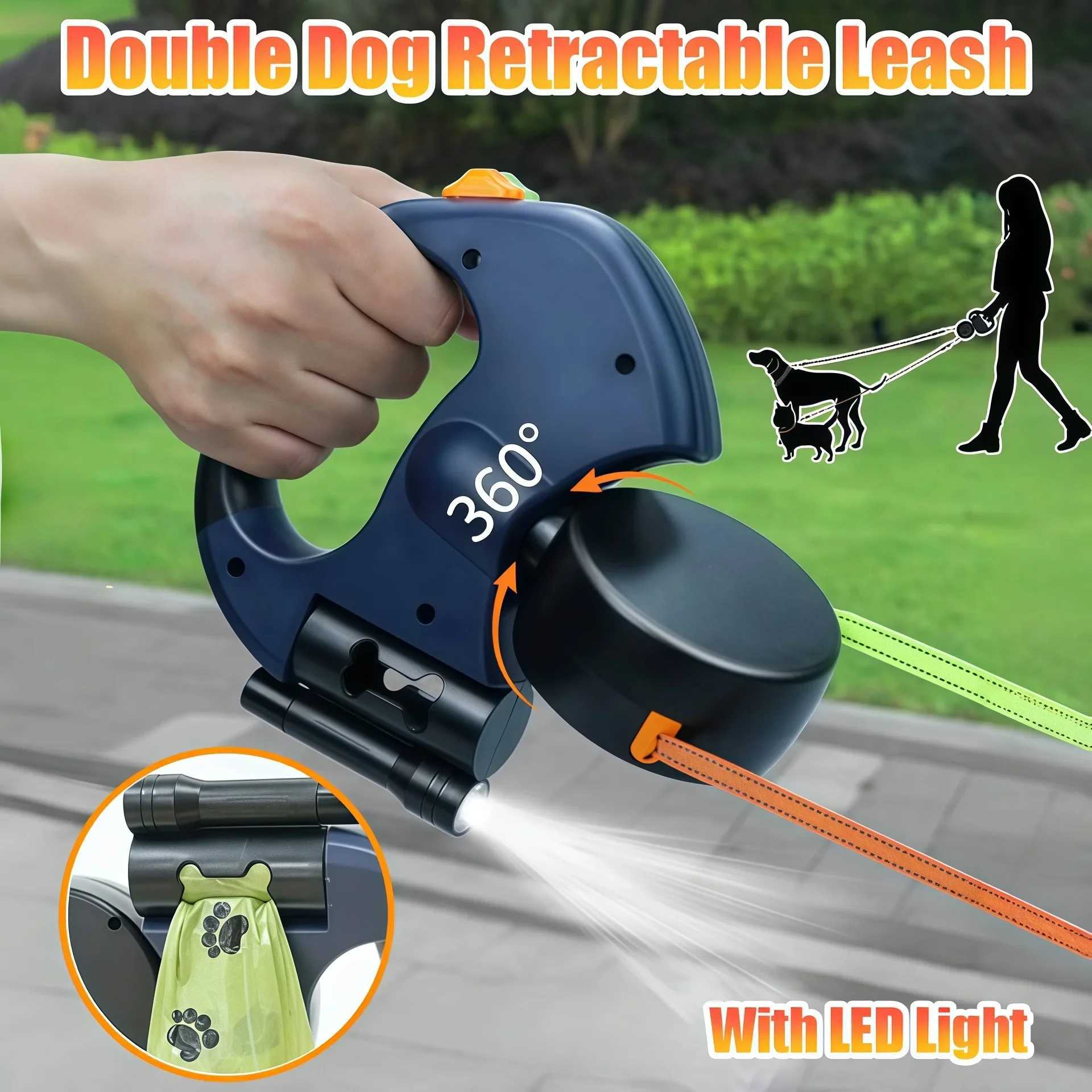Premium 3M Retractable Double Dog Leash For Small Dogs Reflective 360 Swivel No Tangle Walking Pet Lead With LED Lights J251110