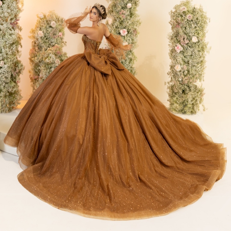 Brown Shiny Quinceanera Dresses Ball Gown Off The Shoulder Beading Crystal Bow Tull Corset Tull Party Birthday Sweet 16 Dress Vestidos 15 Anos