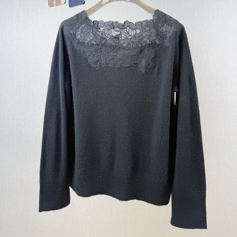 Luxury Designer Women's Cashmere Wool Knit Sweater Fashion Floral Lace Round Neck Long Sleeve Loose Pullover Multiple Colors Fall Winter Clothing