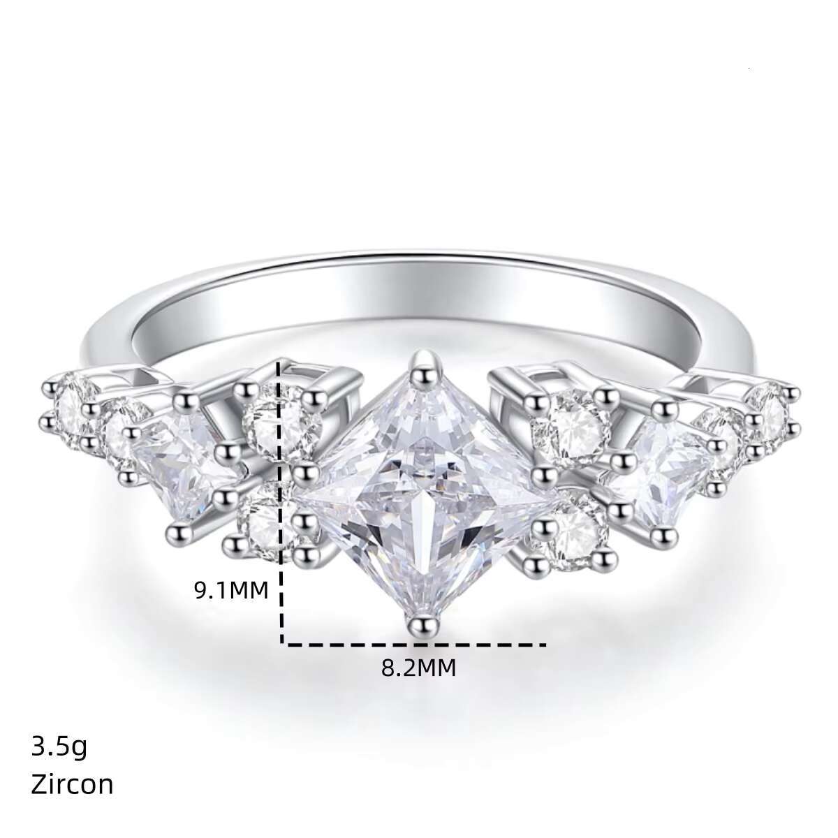 S925 Pure Silver Charming and Fashionable 6X6 White Mosang Princess square Bag Ring