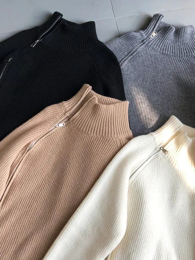 Womens Turtleneck Zipper Oversize Fashion Women Sweaters 2025 Autumn Knitwears Loose Thick Warm High Neck Solid Pullovers Women 251106