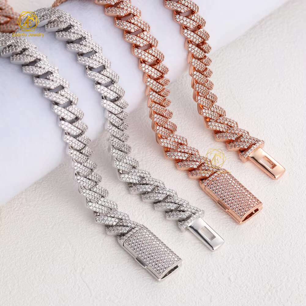 Chinese classic Cuban necklace, right angled trapezoidal full small S moissanite chain